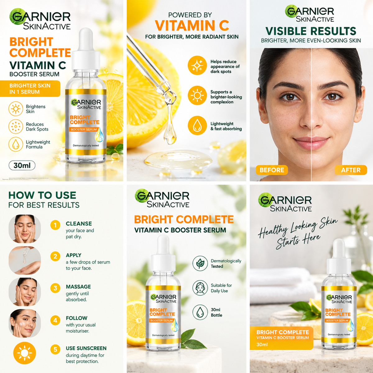 Garnier Bright Complete Vitamin C Booster Serum 30ml – Dark Spot Care & Brightening Facial Serum