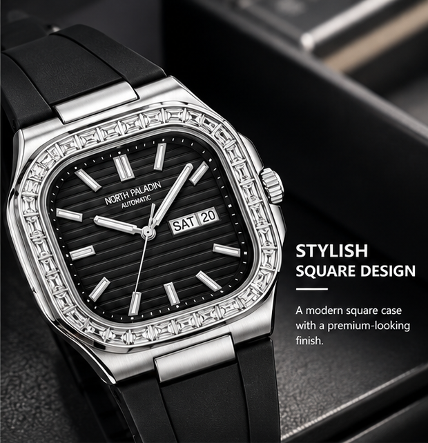 Men’s Luxury Square Dial Watch – Stylish Stainless Steel Wristwatch with Comfortable Silicone Strap