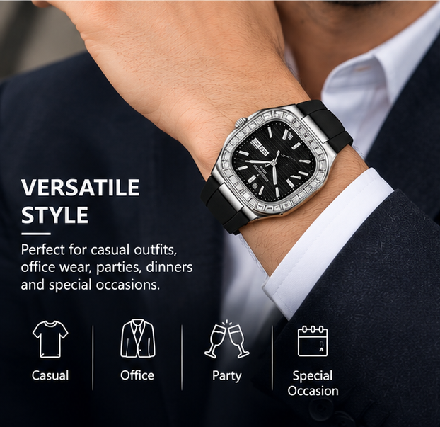 Men’s Luxury Square Dial Watch – Stylish Stainless Steel Wristwatch with Comfortable Silicone Strap