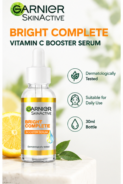 Garnier Bright Complete Vitamin C Booster Serum 30ml – Dark Spot Care & Brightening Facial Serum