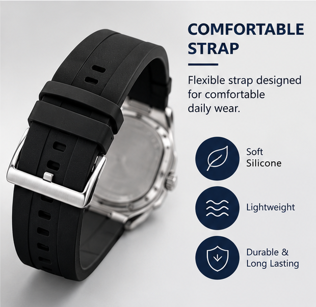 Men’s Luxury Square Dial Watch – Stylish Stainless Steel Wristwatch with Comfortable Silicone Strap
